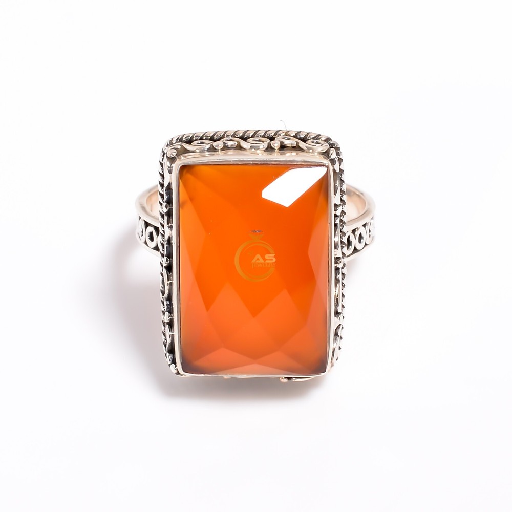 Orange Carnelian Cut Stone Ring 925 Sterling Silver Handmade Statement Boho Ring