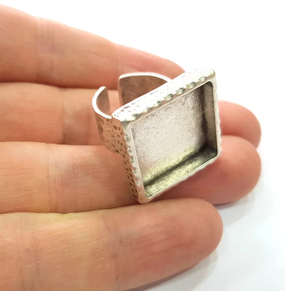 Square Ring Blank Setting Cabochon Base inlay Bezel Adjustable Antique Silver