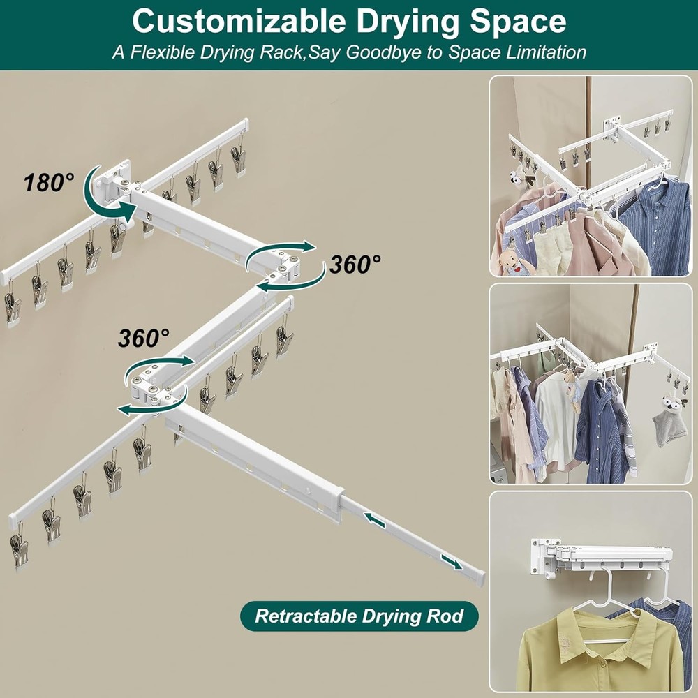 White 51" Clothes Drying Rack Retractable Foldable Wall Mounted Tri-Fold Space