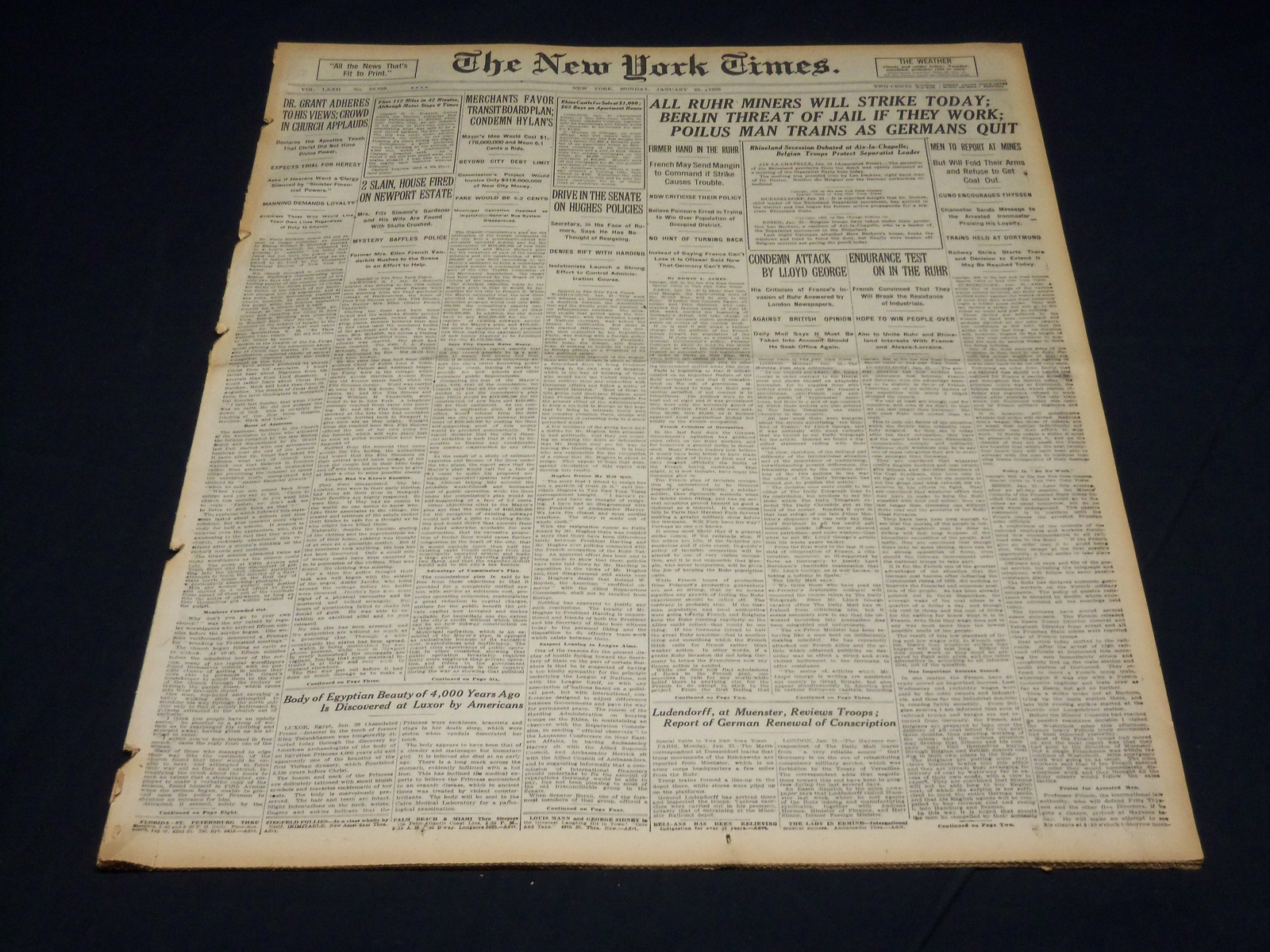 1923 JANUARY 22 NEW YORK TIMES - ALL RUHR MINERS WILL STRIKE TODAY - NT 7905