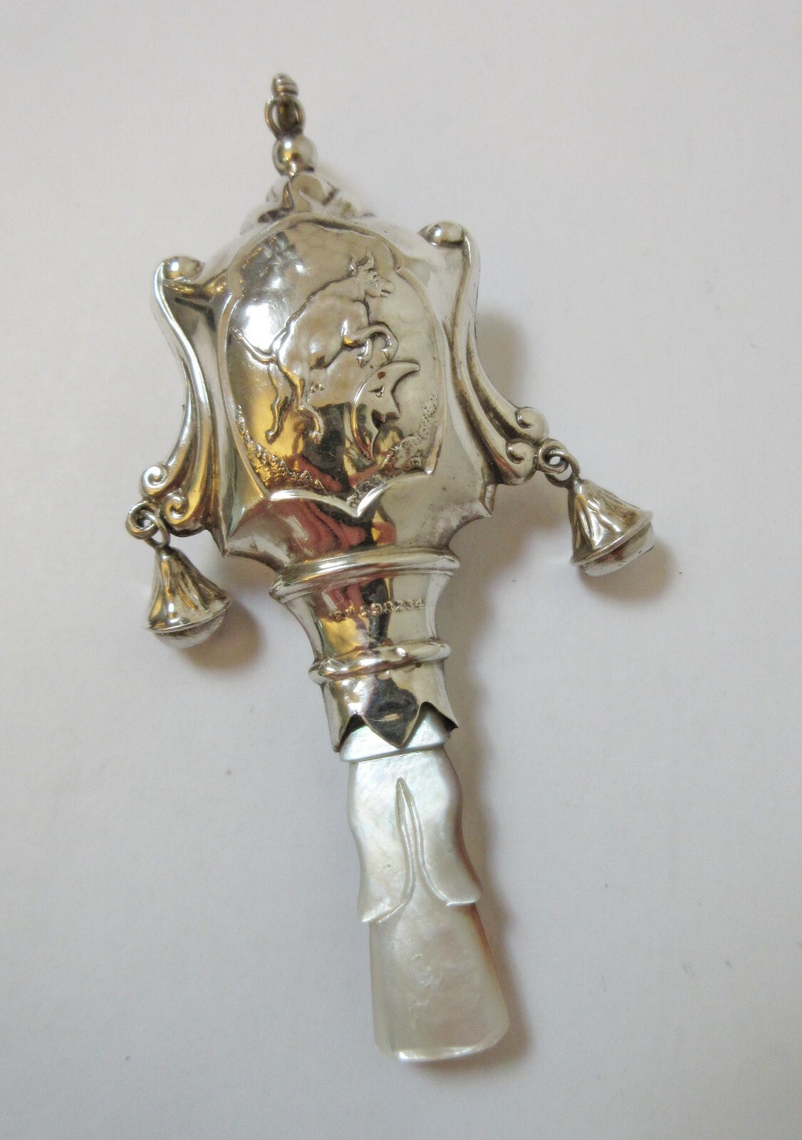 Antique Sterling Silver Rattle Cow Jumping Over Moon Carved Shell