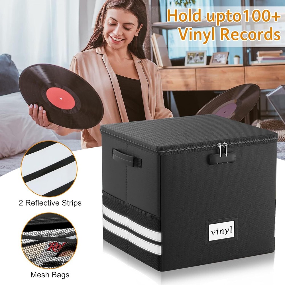 Vinyl Record Storage Box with Lock - Fireproof Waterproof 12" Record Organizer