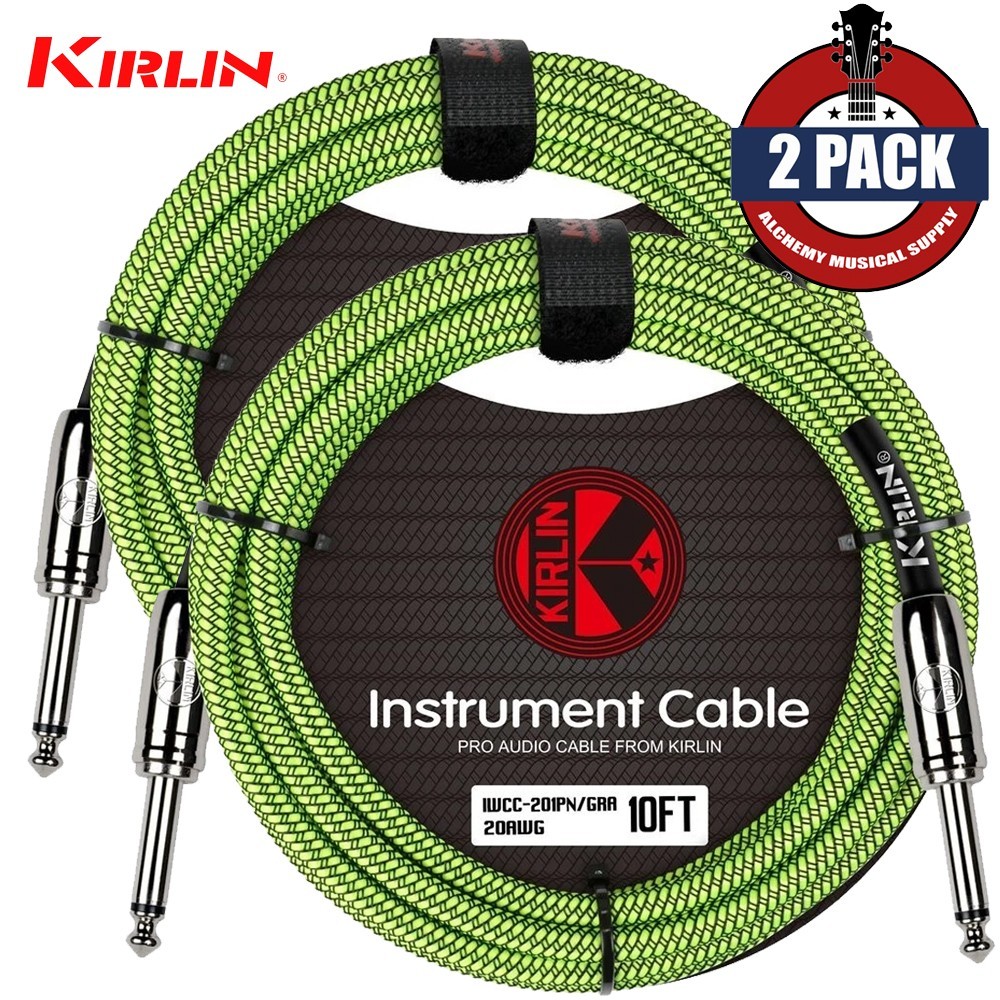 2-PACK Kirlin 10FT 1/4" Straight Woven Green Guitar/Bass Cables with Cable Tie