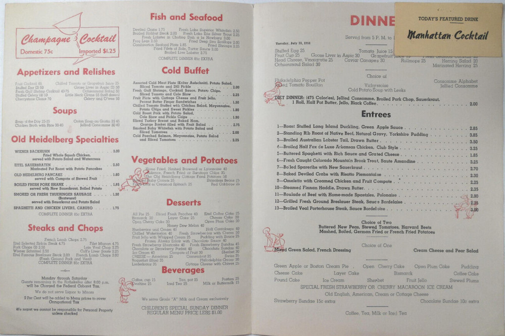 Eitel Old Heidelberg Restaurant Menu Chicago Illinois