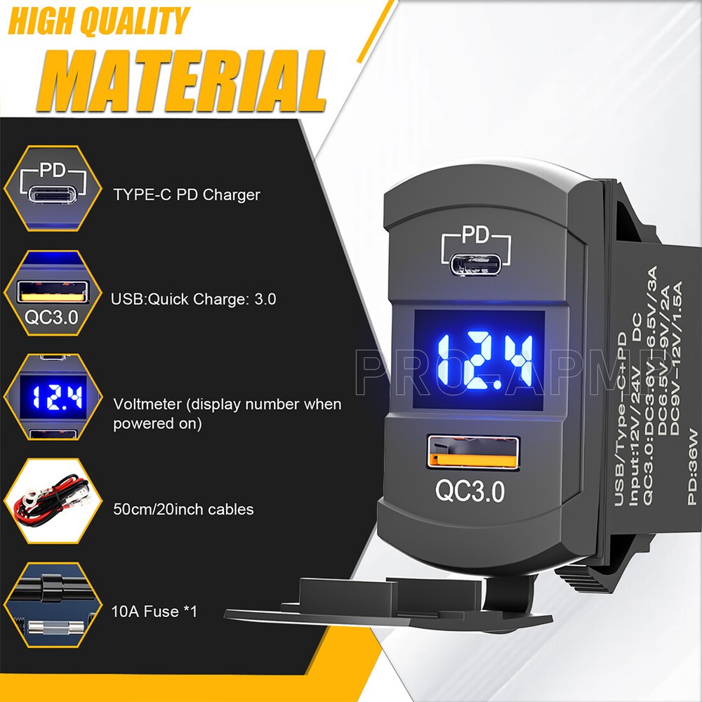 Car Boat USB Charger Socket LED Voltage Voltmeter Rocker Switch Panel 12V 36W