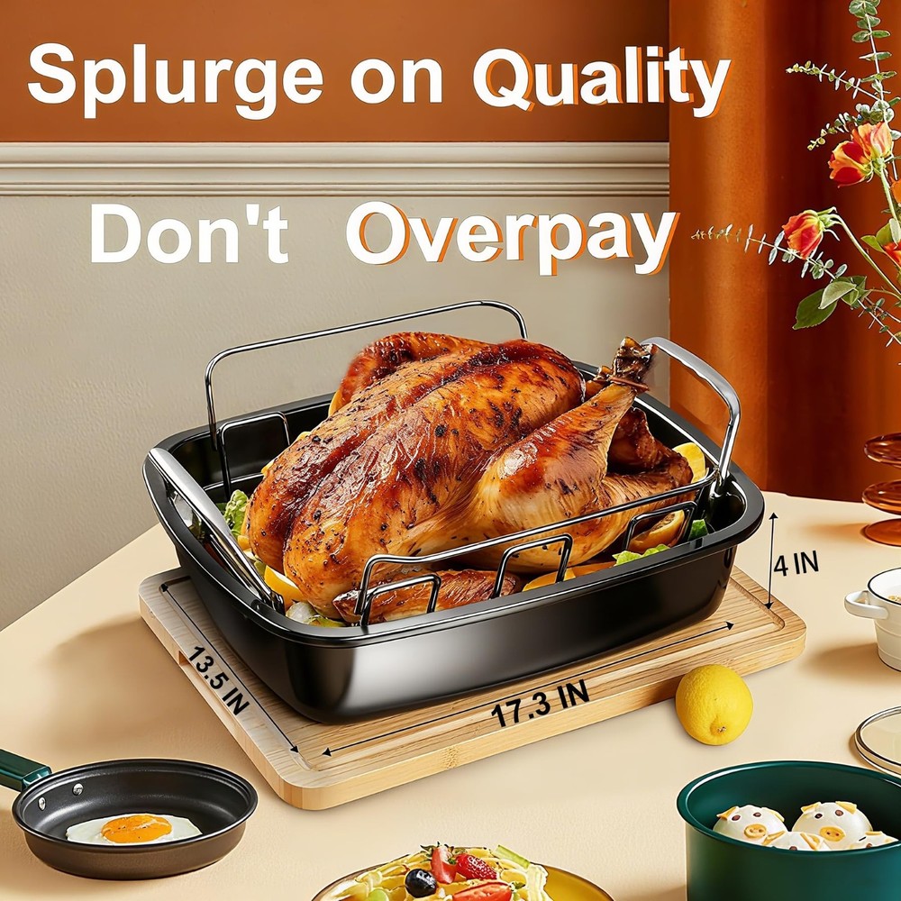 Large Nonstick Roasting Pan Kit with Rack (17x13 Inch) - Includes Baster, Pas...