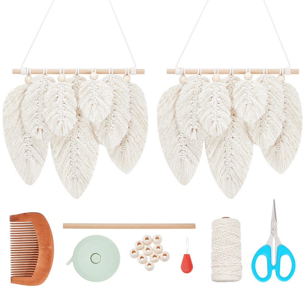2 Set DIY Macrame Leaf Wall Hanging Kit Macrame Feather 100M Macrame Cord and...