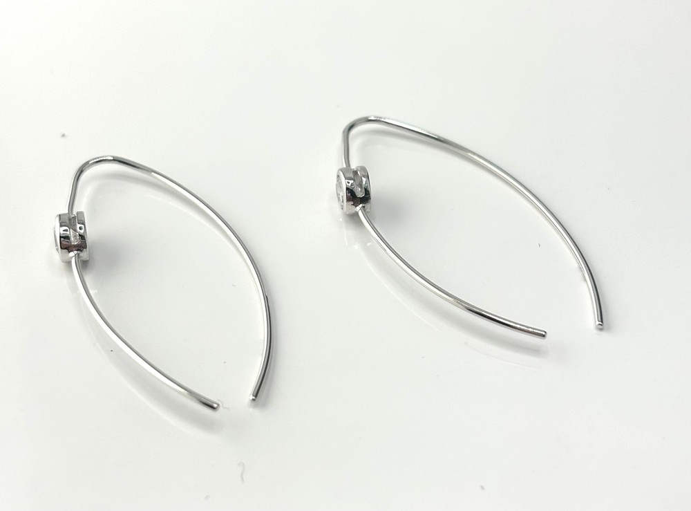 Rhodium Plated Thin Wire with Bezel CZ Earrings