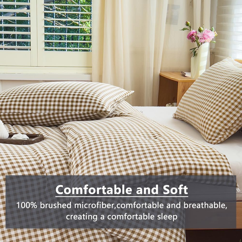 Comforter Set King Size, Tan Gingham Bedding Comforter Sets, Brown Grid Bed Comf