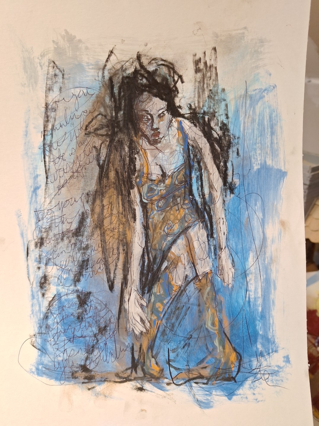 8.5x11 in  Woman Remembering When Heavy 103 lb Paper Mixed Media Art