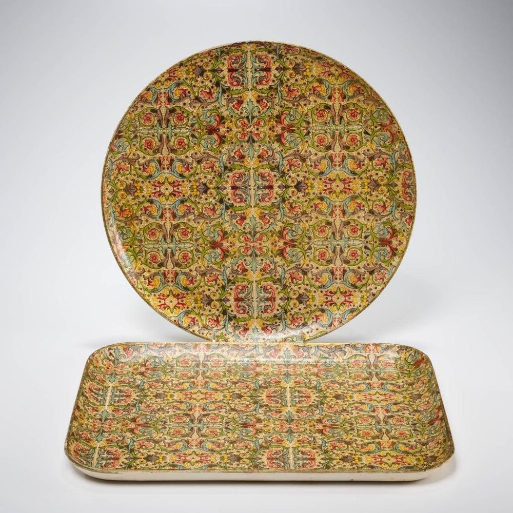 1950s Composite Multicolored Beverage Serving Trays Chintz Pattern 13"d 14"l