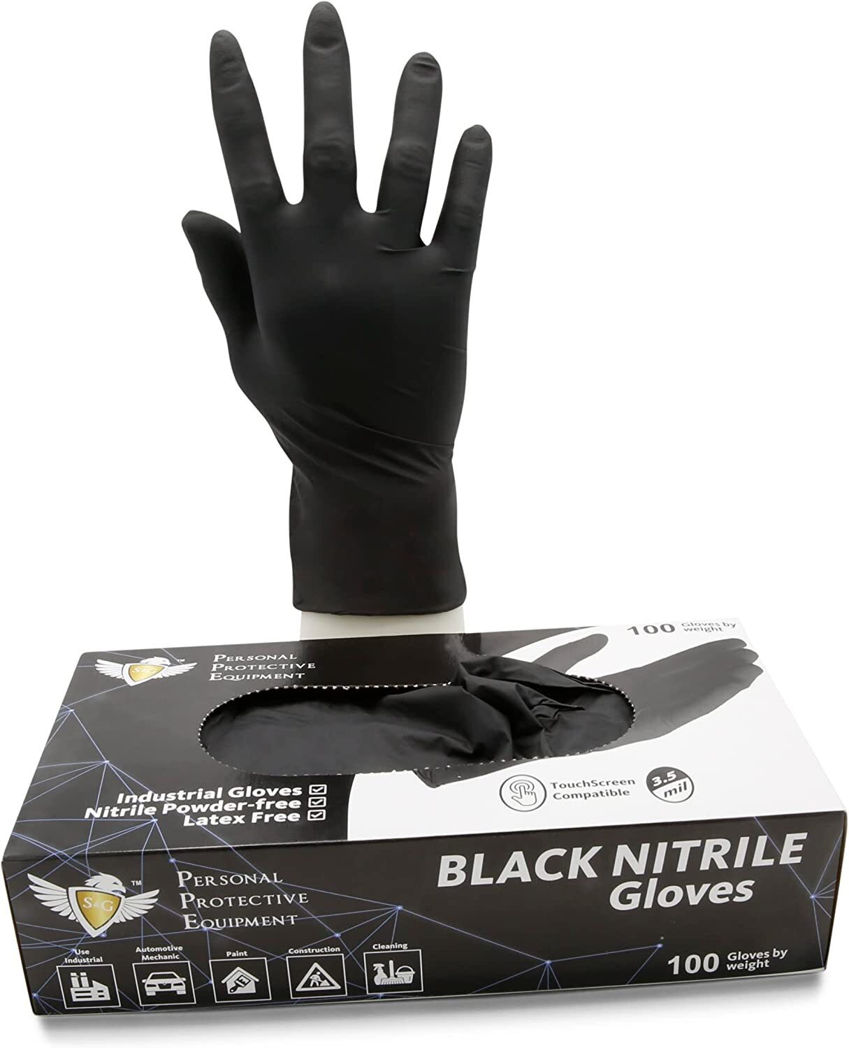 S&G Black Nitrile Gloves Latex Powder Free 3 Mil 2x100pcs 1000pcs XS/S/M/L/XL
