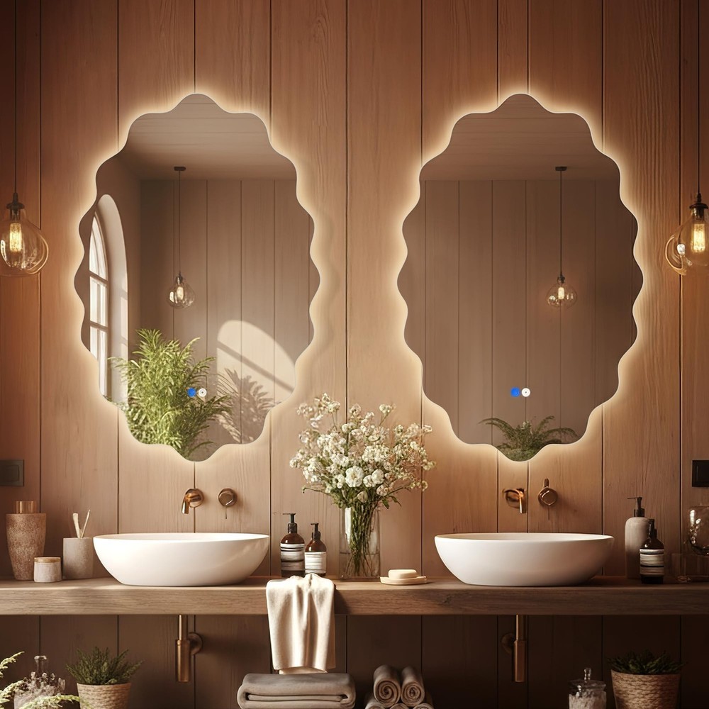 Oval Irregular Wave LED Bathroom Wall Mirror, Dimmable Backlit Mirror with 3 ...