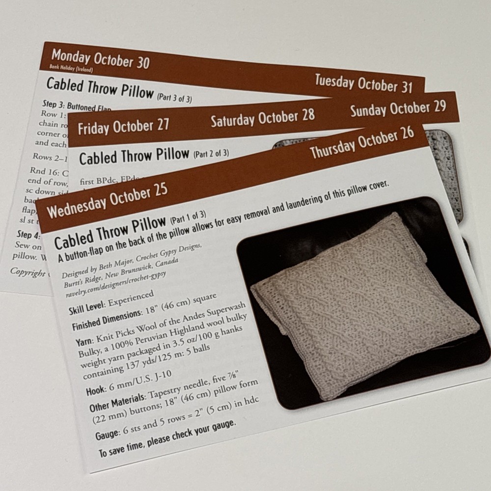 Cabled Throw Pillow Crochet Pattern Cards Pages