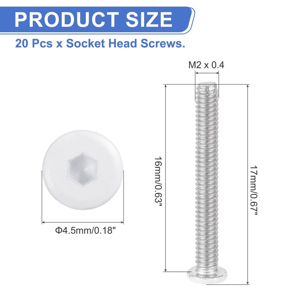 20 Pcs M2-0.4 x 16mm Button Head Hex Socket Head Screws, White