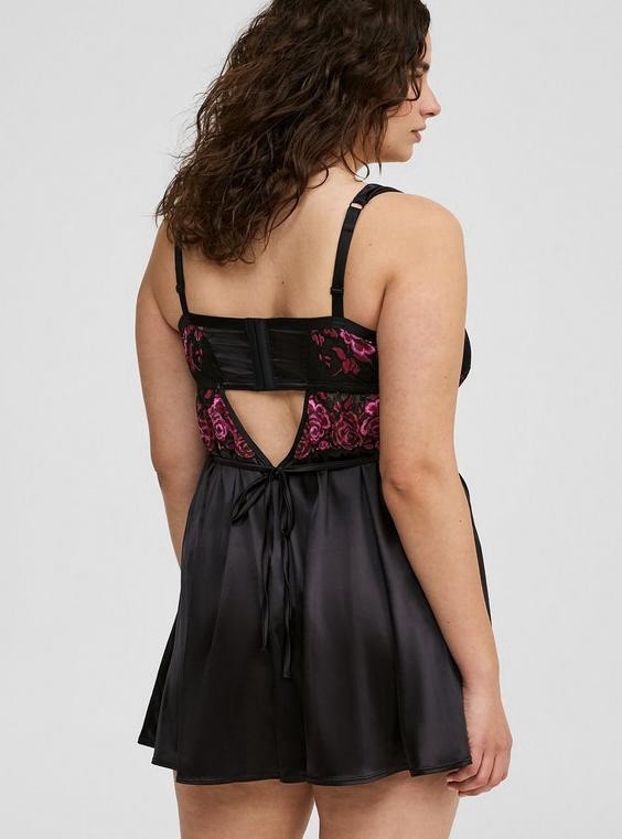 Torrid Underwire Slip Dress Rich Black Pink Roses Size 1XL NWOT