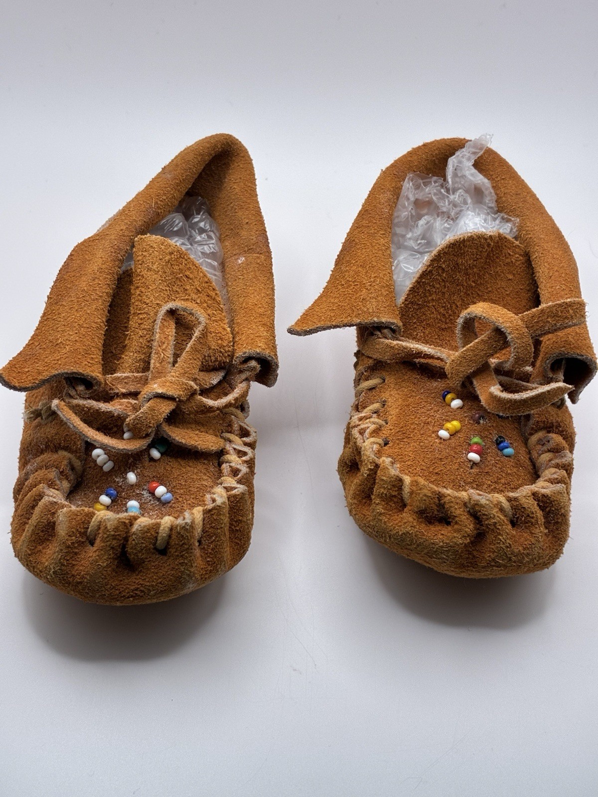 Antique 1960s–70s Handmade Suede Leather Beaded Moccasins Baby Toddler