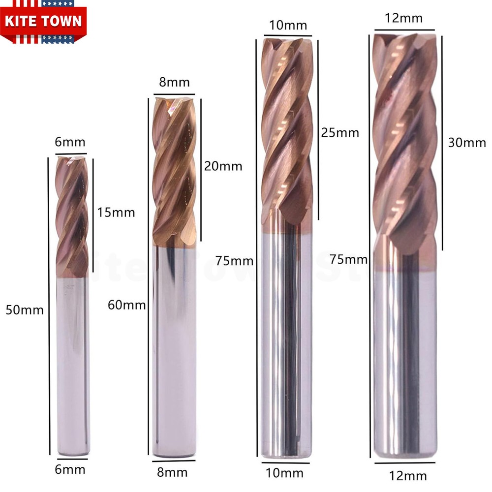 8Pcs 4 Flute HRC55 Solid Carbide 2mm - 12mm End Mills - AlTiN+TiSiN Coated