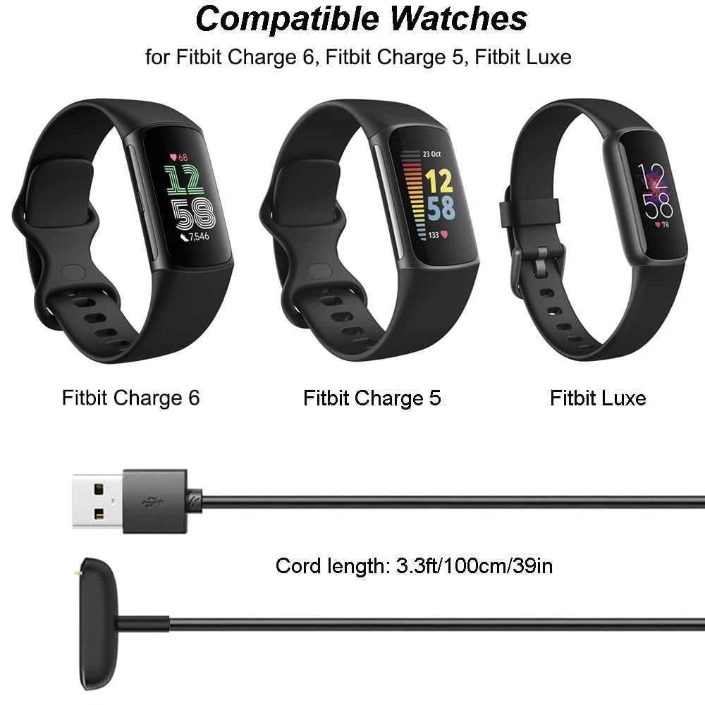 Charging Cable Replacement USB for Fitbit Charge 6/5 Luxe 2-Pack 1m/3.3ft