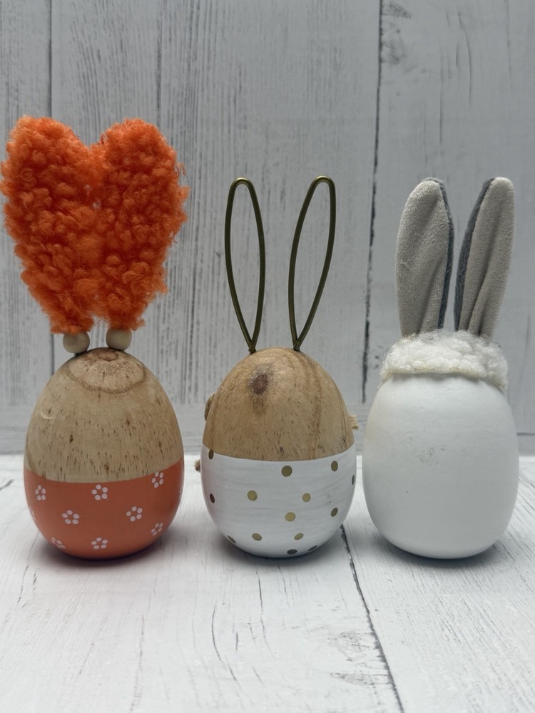 Wood Easter Bunny Egg Figurines Set Spring Table Shelf Decor