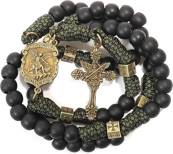 Antique Bronze Black Beads Paracord Rosary Necklace St. Michael Medal Chaplet