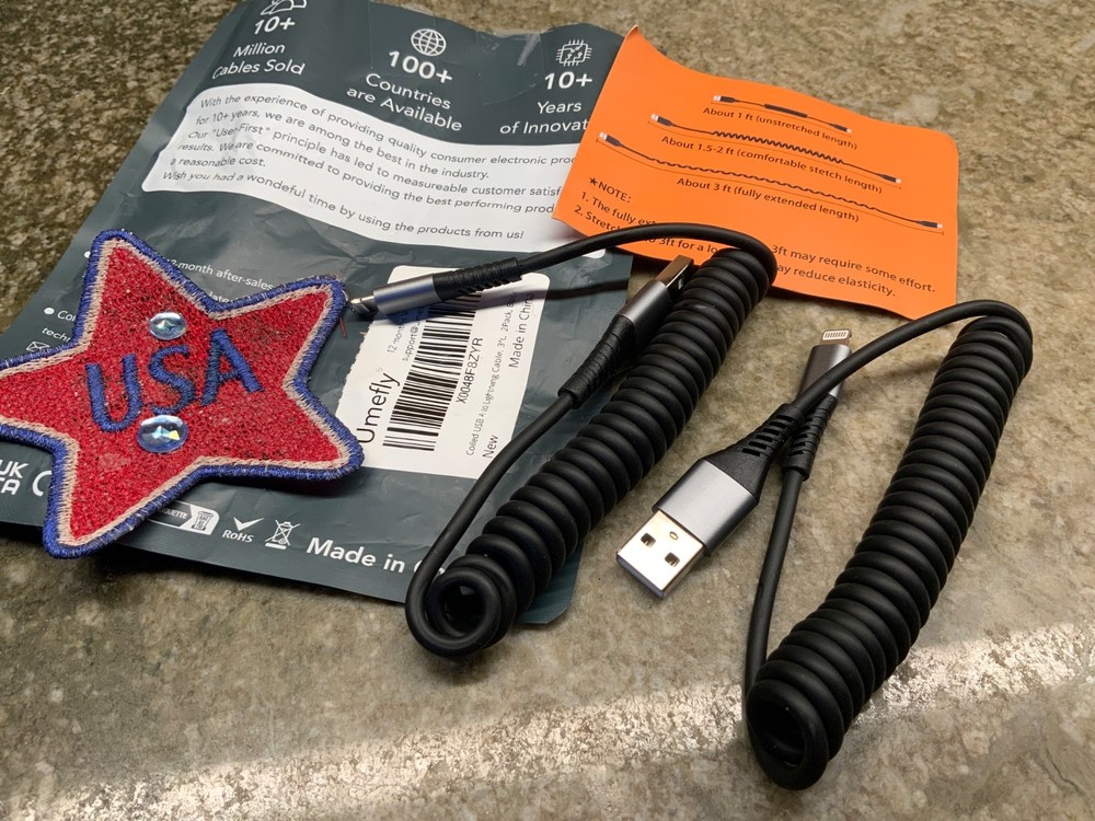 Coiled Lightning Cable 2 Pack MFi Certified Car iPhone Charger Cable，USB 3FT