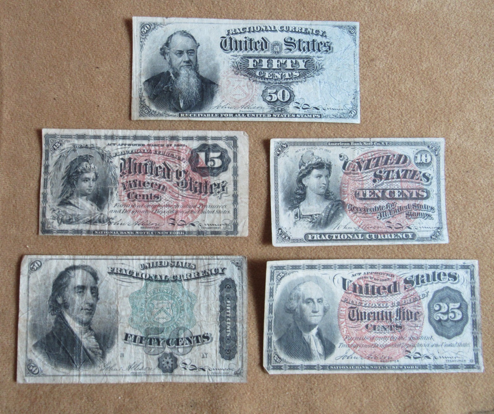 Collection of Five US Fractional Notes Series 1863 original period items