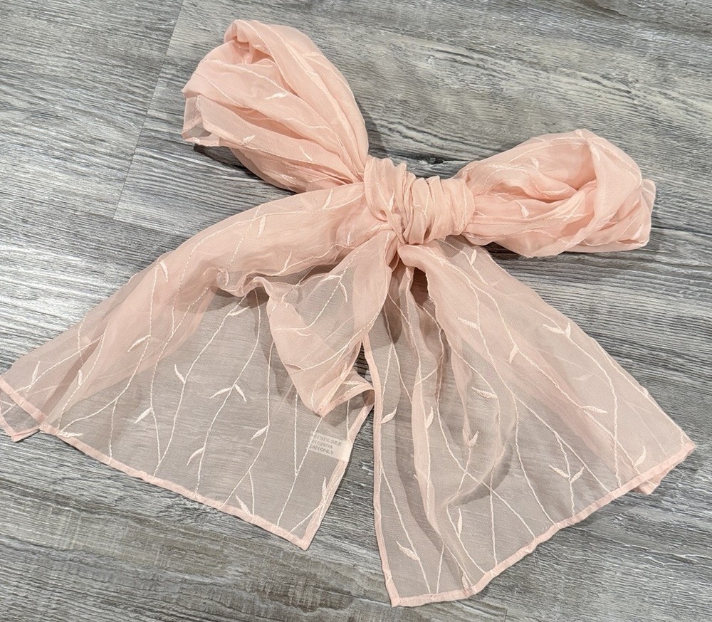 Peach SheeredSilk Blend Chiffon Leafs Embroidered Long Rectangular Scarf 12”x60”
