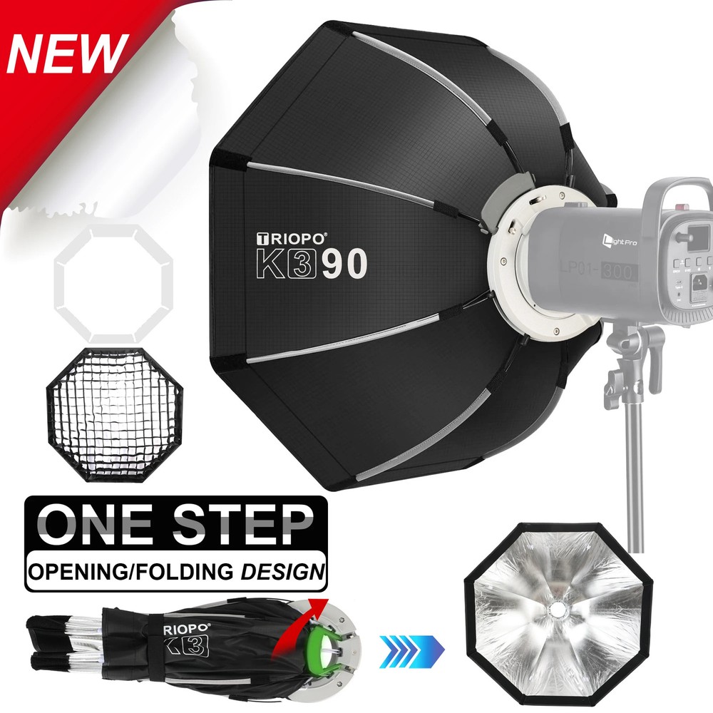 Triopo K3 Quick-Setup Bowens Mount Octagon Softbox One-Step Install Portable Lig