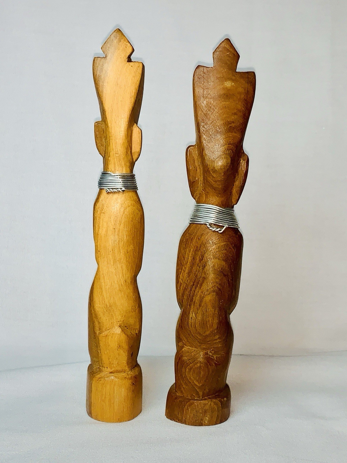Vtg MCM African Hand Carved Teak Wood Tribal Figurine Statue Pair 7.5" Kenya