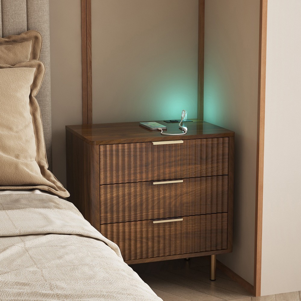 Modern Nightstand Bedside Table Side End Table w/Storage Cabinet & Night Light