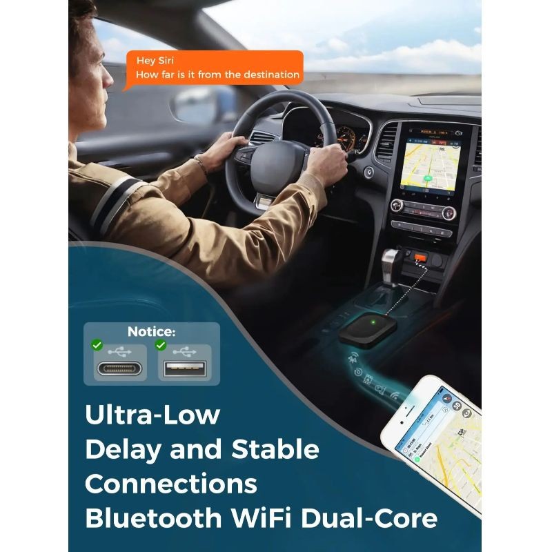 2-in-1 Mini Wireless Android Auto Carplay Adapter Plug & Play Quick-connect