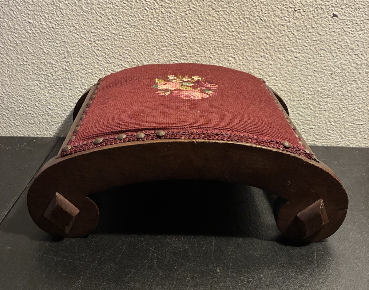 19th C. Antique Victorian Stud Accents Footstool Floral Needlepoint Carved Wood