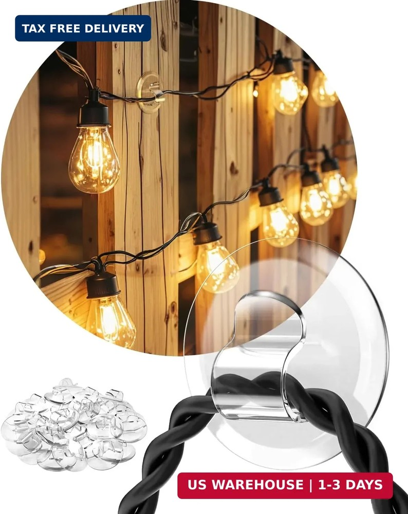 Light Clips for Outside String Lights: 24 Pack Adhesive Hooks for Outdoor String