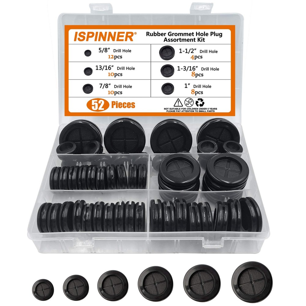 ISPINNER 52pcs 6 Sizes Rubber Grommet, Double Sided Round Hole Black