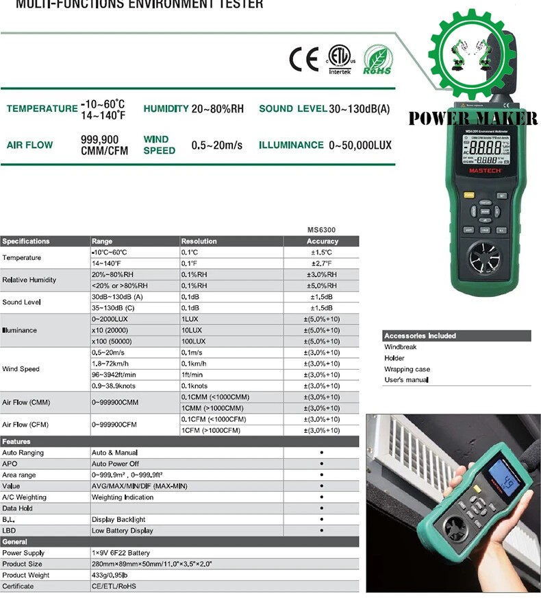 MS6300 Temperature & Humidity Digital Environmental Meter Sound Level Indicator