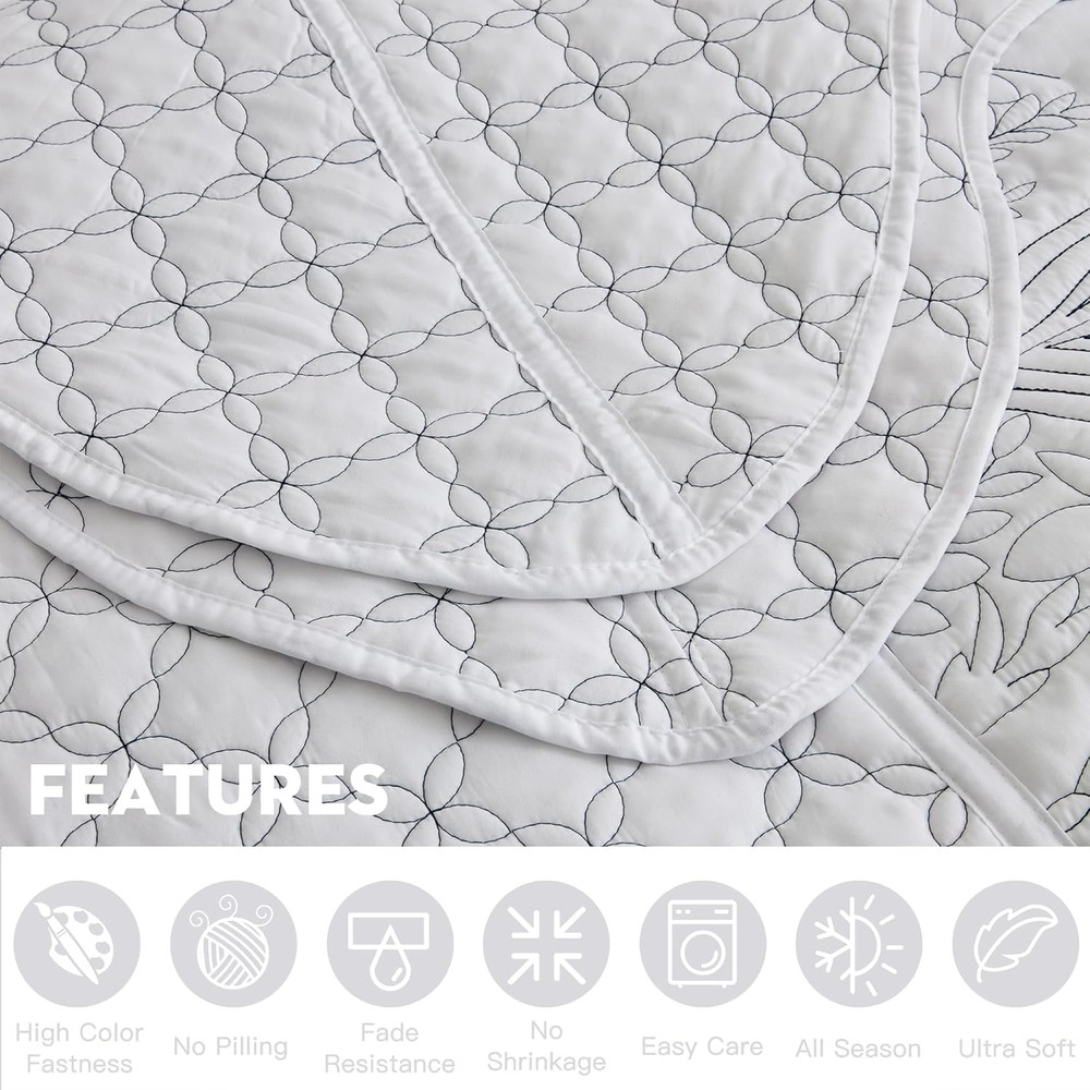 Botanical Oversized Bedspread King Size - Leaves Pattern Stitching Quilt Set - E