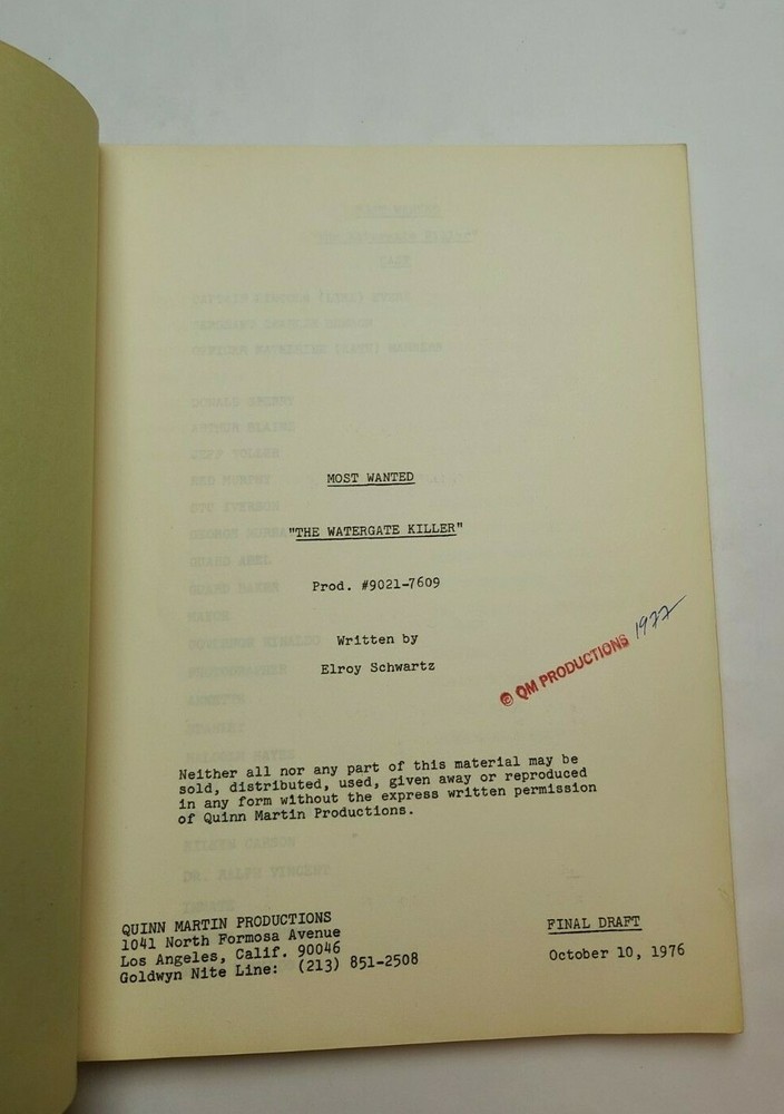 MOST WANTED / Elroy Schwartz 1976 Script, Robert Stack "The White Collar Killer"