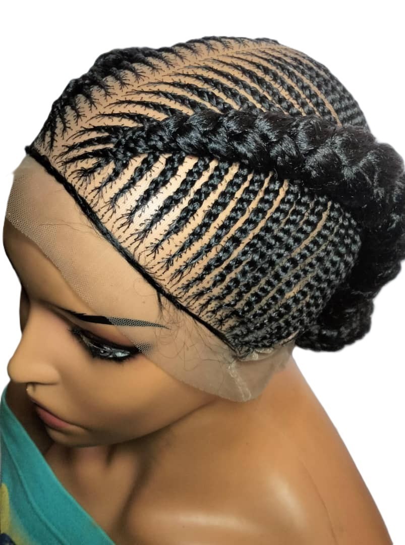 Bun Braided Wig. Ghana Cornrow Braids Full Lace with Baby Hair Bun Wig