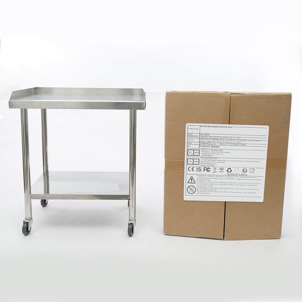 2-tier Work Table with 4 Wheels Stainless Steel Prep Table Load Capacity 500kg