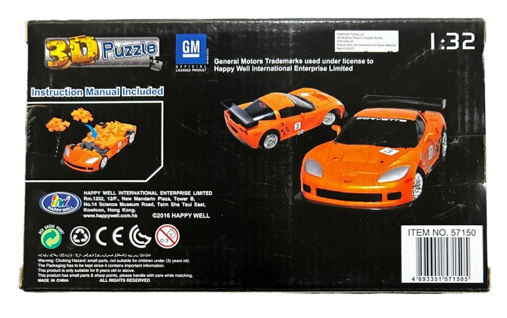 Puzzle Fun 3D 1:32 Corvette C6R - Solid Orange- 62 pieces