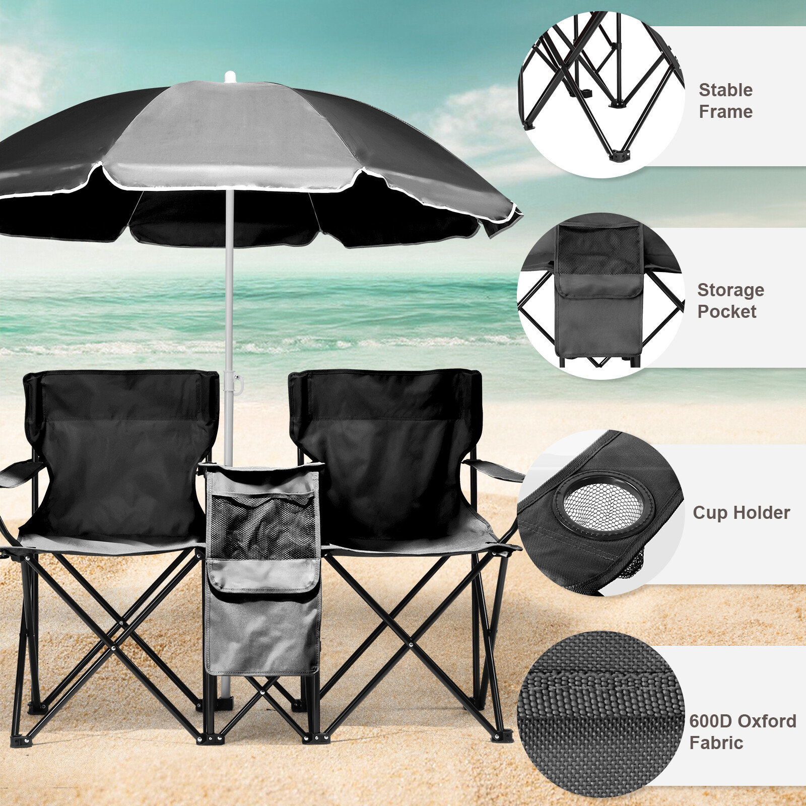Folding Camping Outdoor Picnic Double Chair with Umbrella Table Cooler Beach New