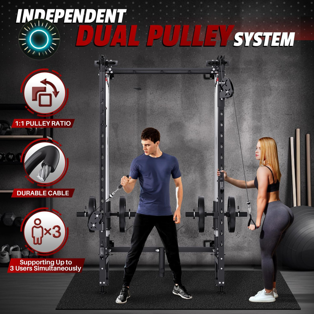 Folding Power Rack Wall Mounted Squat Rack with Cable Crossover Machine & LA...