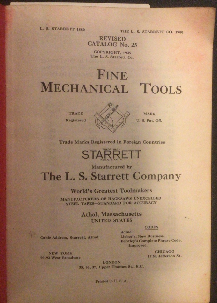 1935 Starrett Tools, Catalog No. 25, Revised Edition with New Tools Supplement