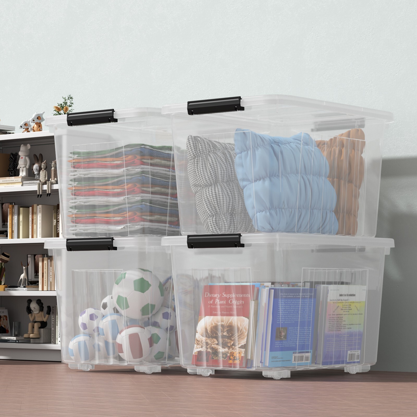 70 Quart Plastic Storage Box, Stackable Latching Bin with Lid & Wheels, 4-Packs