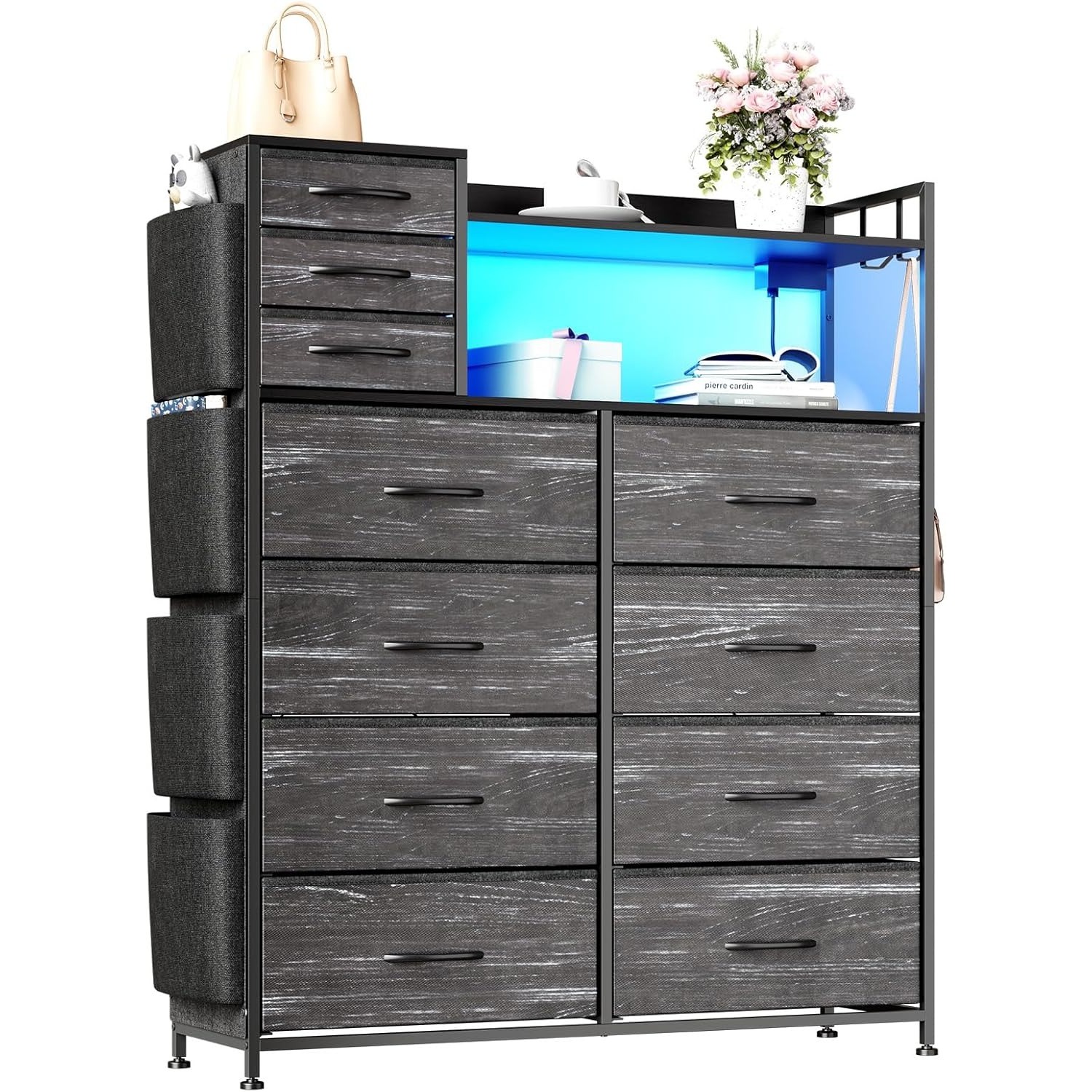 Bedroom Dresser 11 Fabric Drawers with Charging Station,LED Lights & Metal Frame