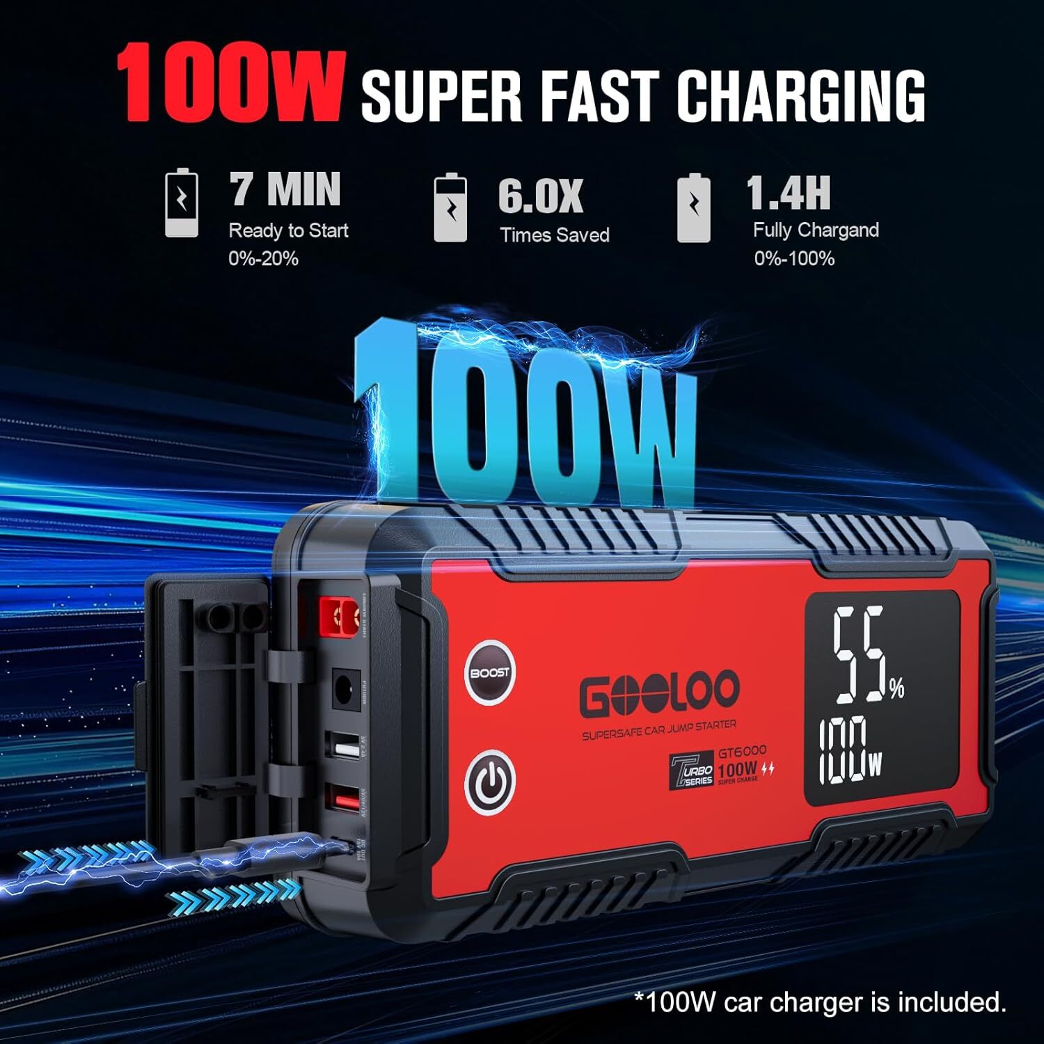 GOOLOO 6000A Jump Starter GT6000 Car Starter 100W Bi-Directional Fast Charge 12V