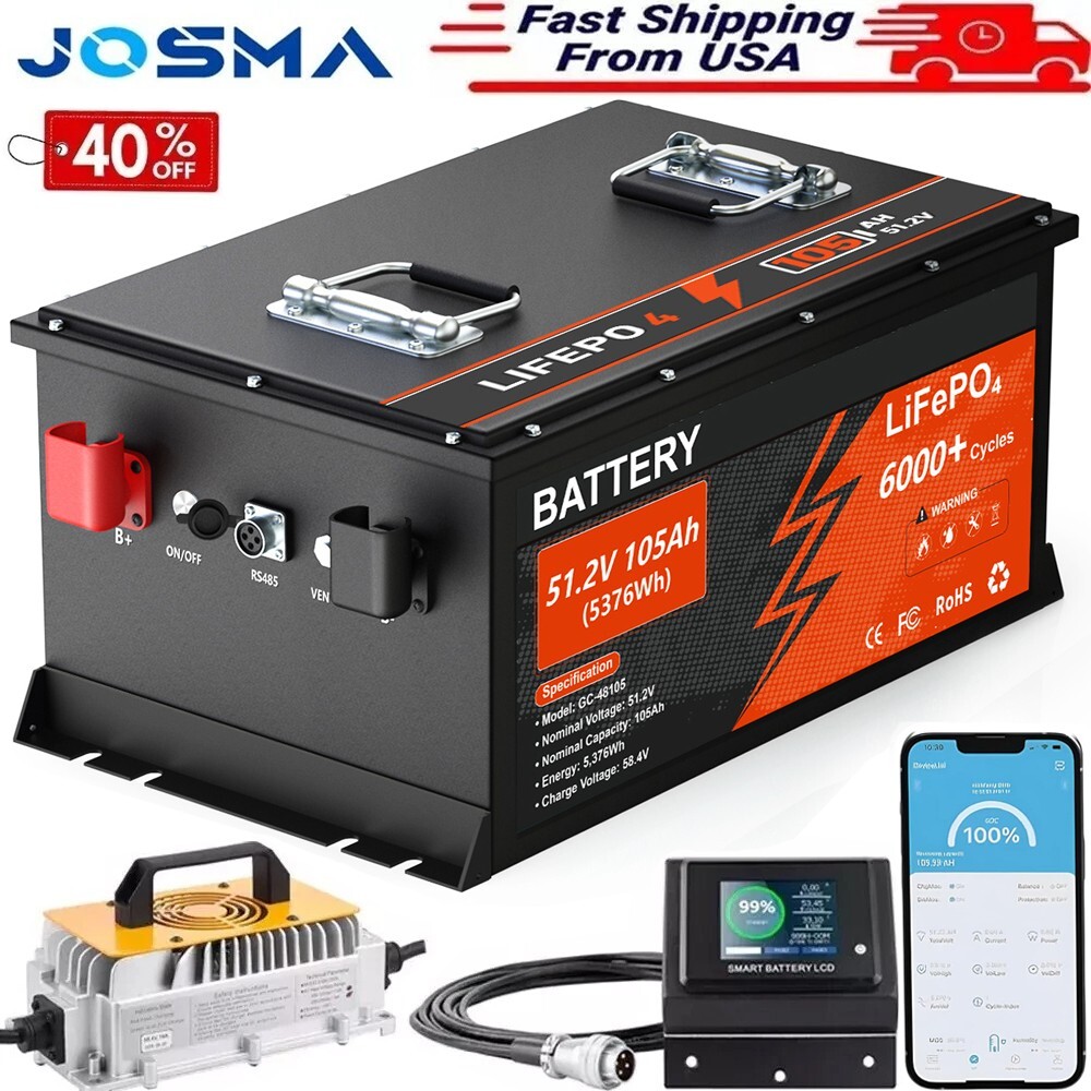 48V 105Ah Lithium Golf Cart Battery 200A BMS 6000+Cycles APP Charger Monitor Set