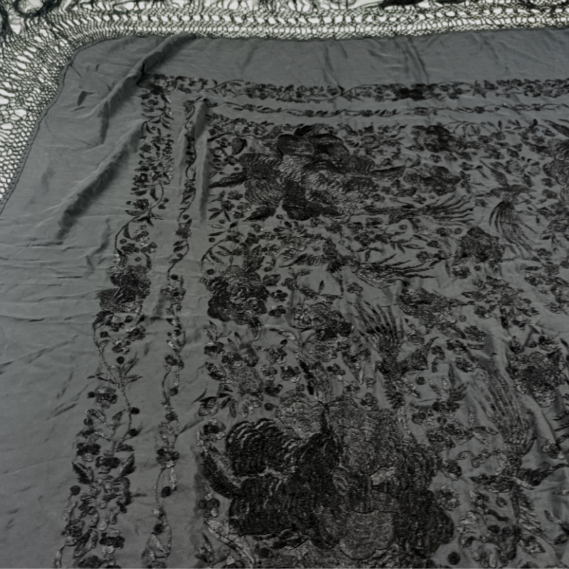 Antique Hand-Embroidered Silk Piano Shawl Wrap Floral Fringe 51" Vintage Luxury