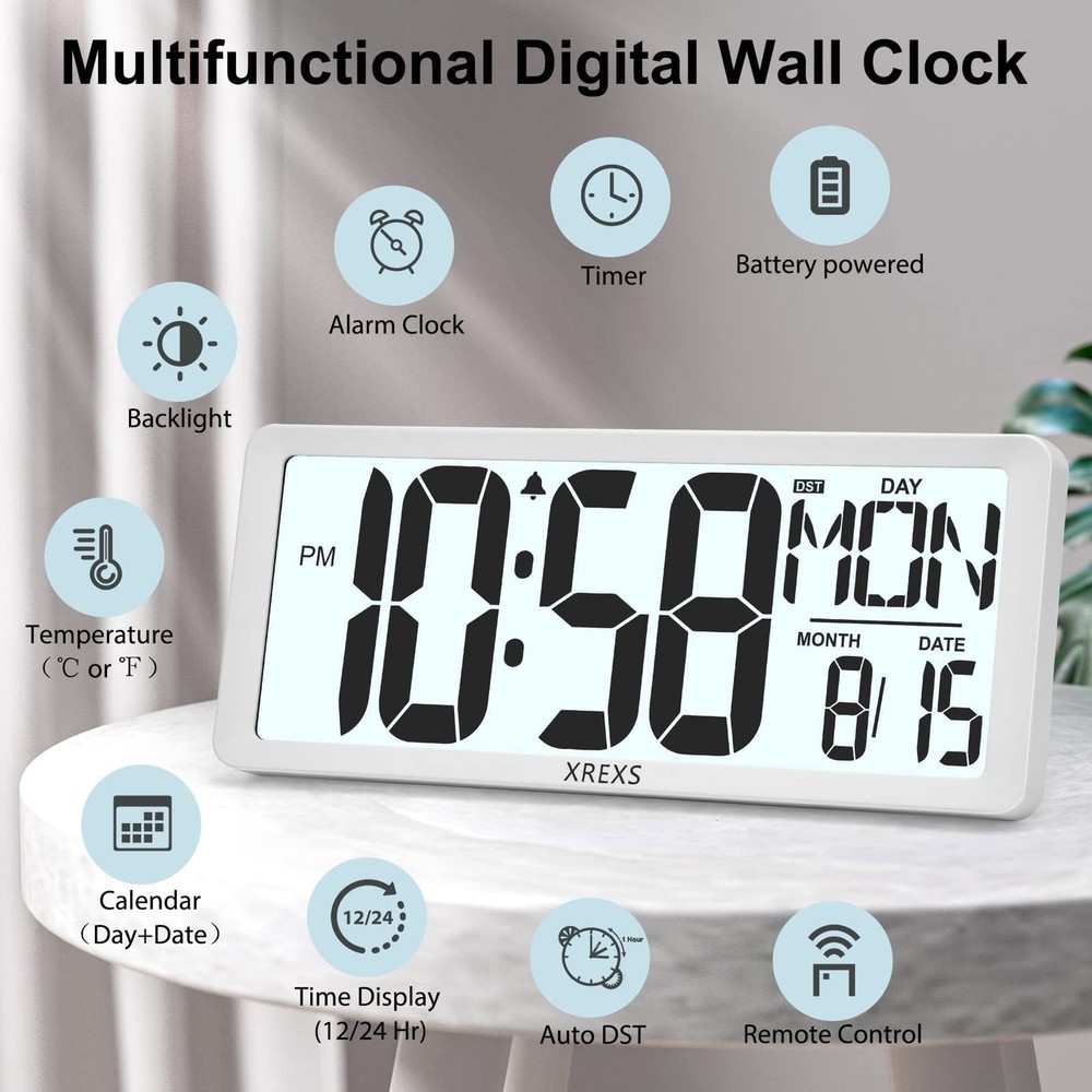 XREXS Digital Wall Clock with Backlight (Not Constantly Illuminated), 14.17 I...